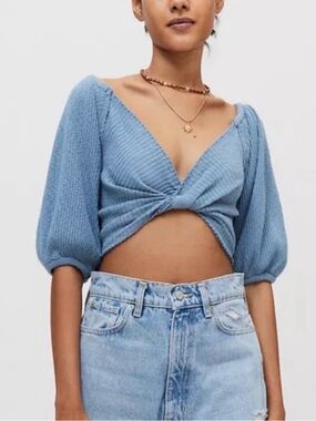 Urban Outfitters Twist Front Baby Blue Knit Puff Sleeve Top